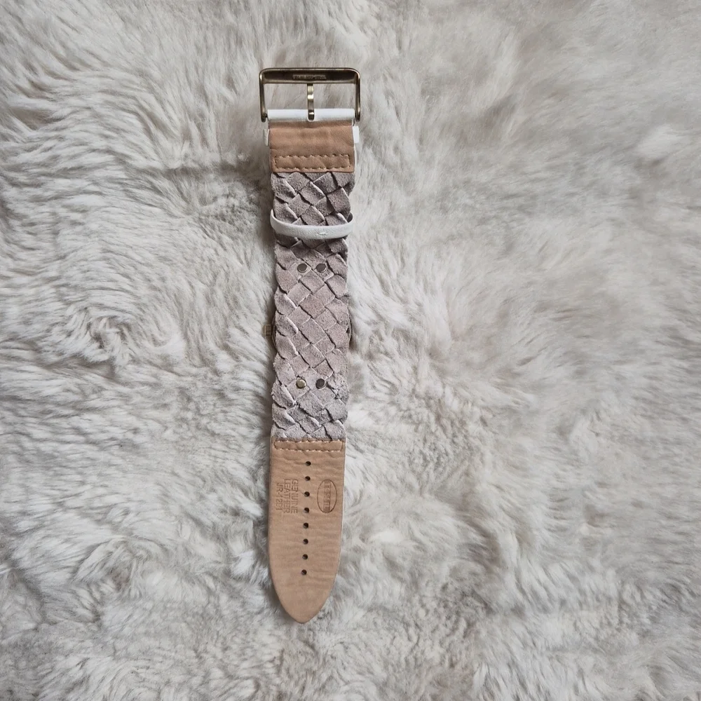 Fossil Watch White Leather Band Braided Detail Gold Tone JR-1291 Western Country
